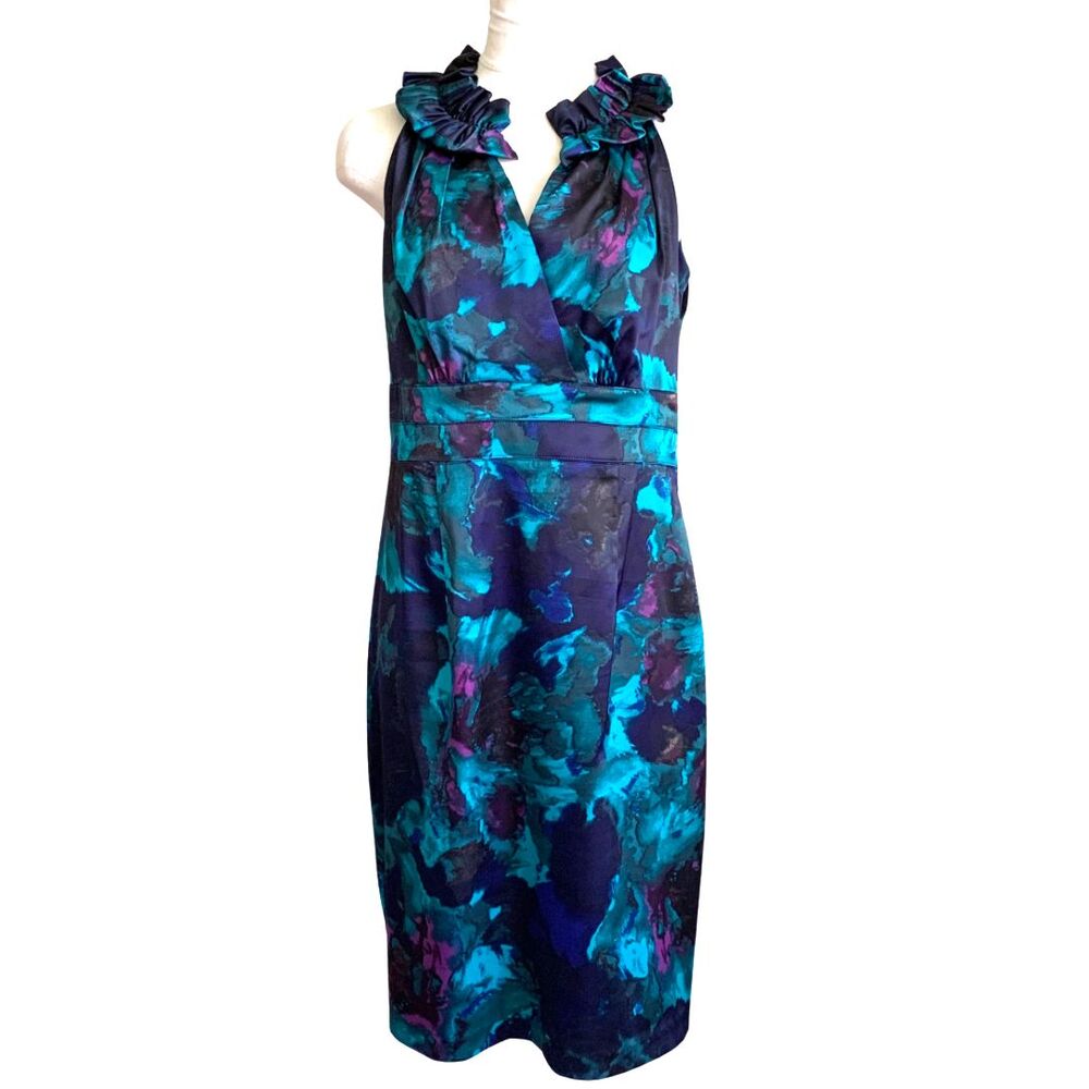 Donna Ricco Ruffled Neck Dress Size 8 Blue Green Sheath Lined